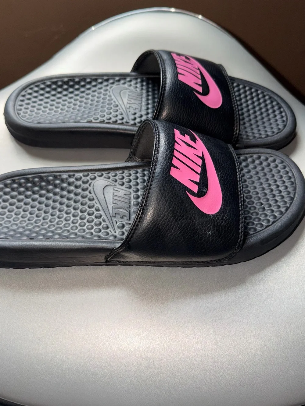 Nike Black Slide Sandals with Pink Logo